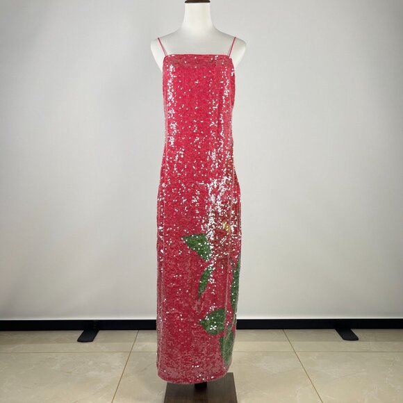 $450 NWT Farm Rio Pink Sequins Anthurium Flowers Slip Maxi Dress Size L - Picture 6 of 15
